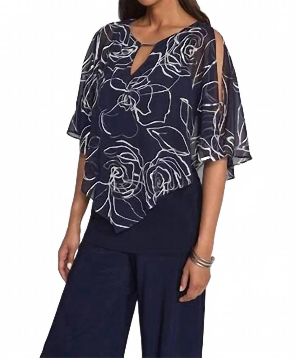 NEW JOSEPH RIBKOFF floral print poncho top in midnight blue vanilla